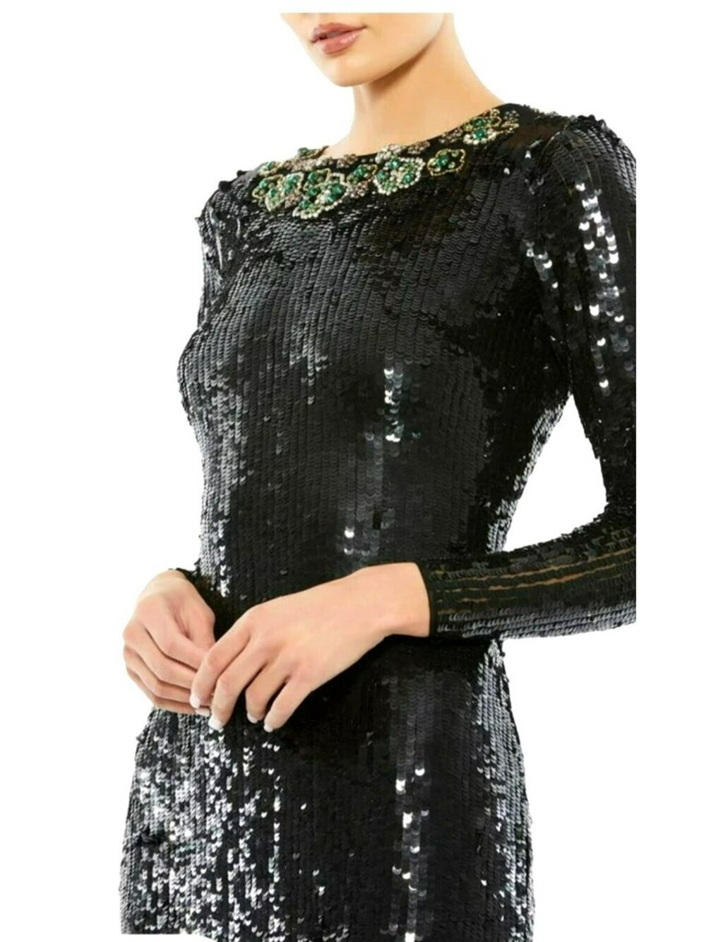 Mac Duggal Size 10 Emerald Rhinestone Necklace Black Sequin LS Maxi Gown Dress N